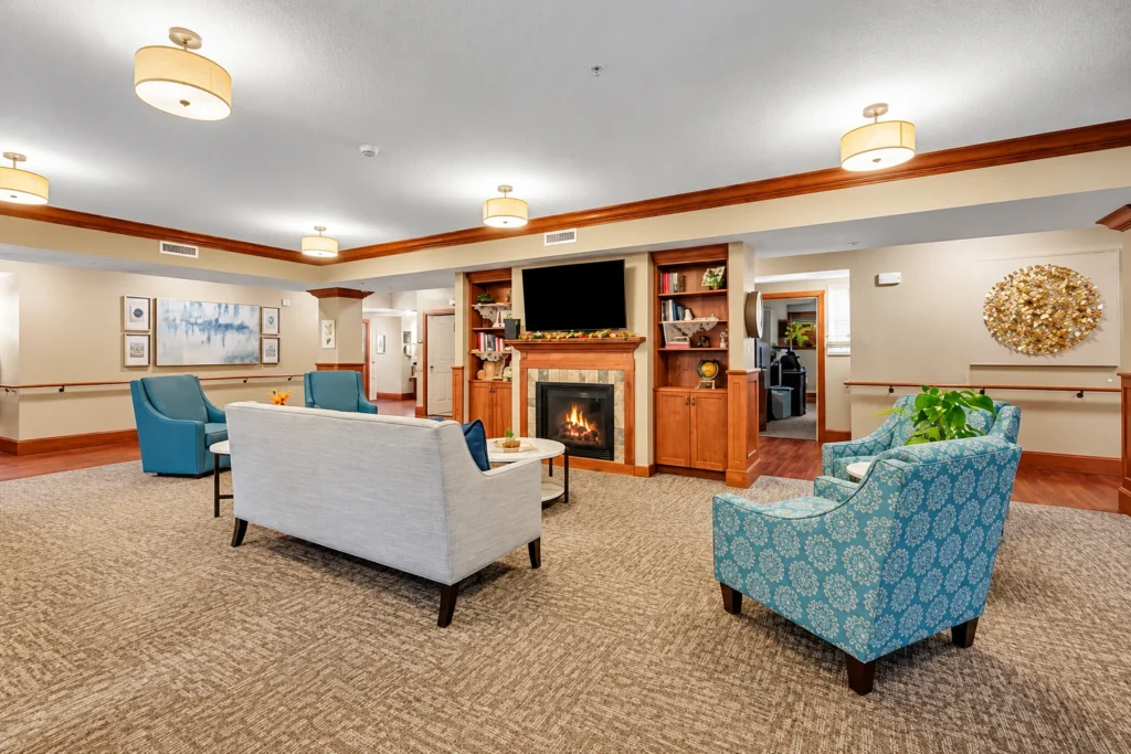 Welcoming Lounge with Fireplace and Shelving